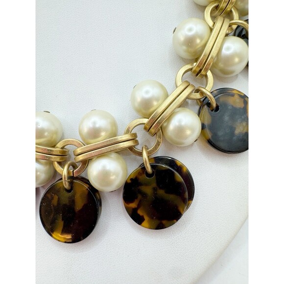 J. Crew Faux Pearl Chunky Necklace Tortoise Shell Dangles Brushed Gold Tone - Picture 6 of 8